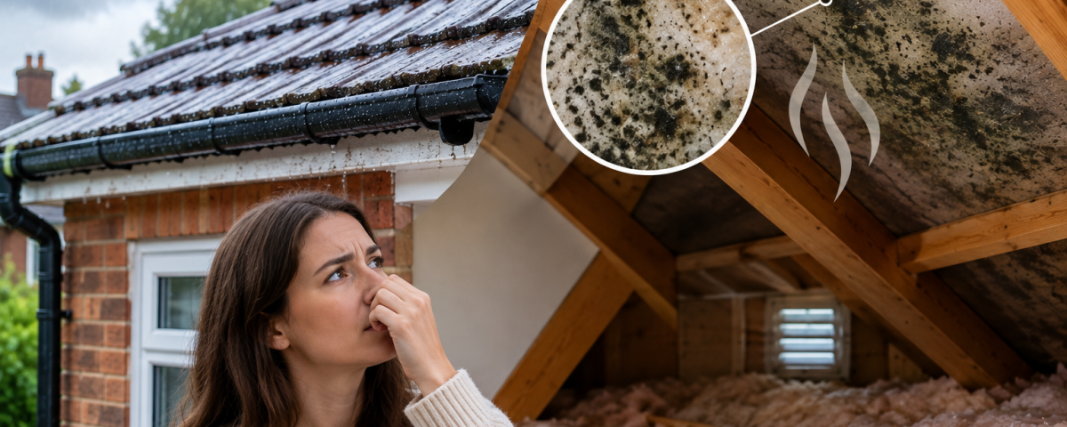 Homeowner reacting to a musty smell while inspecting a rain-soaked roof and loft with mouldy rafters and damp insulation.