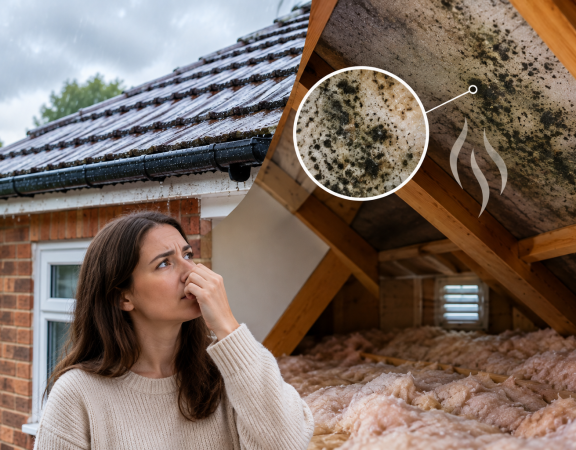 Homeowner reacting to a musty smell while inspecting a rain-soaked roof and loft with mouldy rafters and damp insulation.