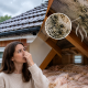 Homeowner reacting to a musty smell while inspecting a rain-soaked roof and loft with mouldy rafters and damp insulation.